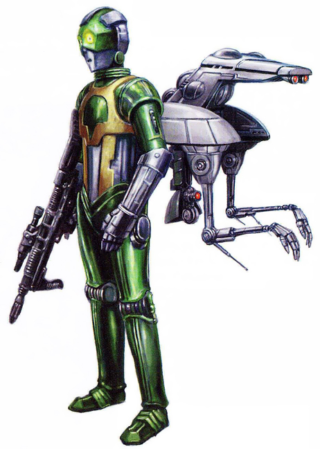 A Battle Legionnaire standing beside an NR-1100 slicer droid