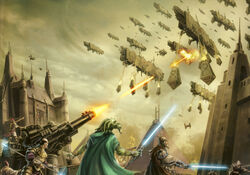 The  fights Naga Sadow's forces on Coruscant.