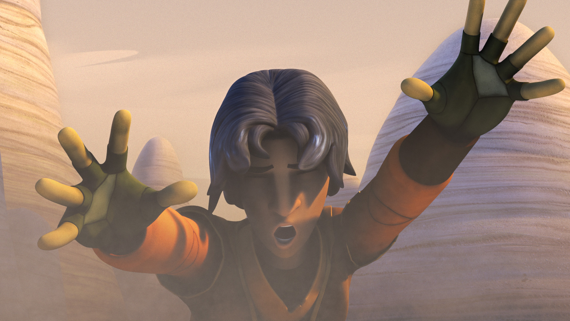 Ezra Bridger uses the Force to save Garazeb Orrelios from Agent Kallus.