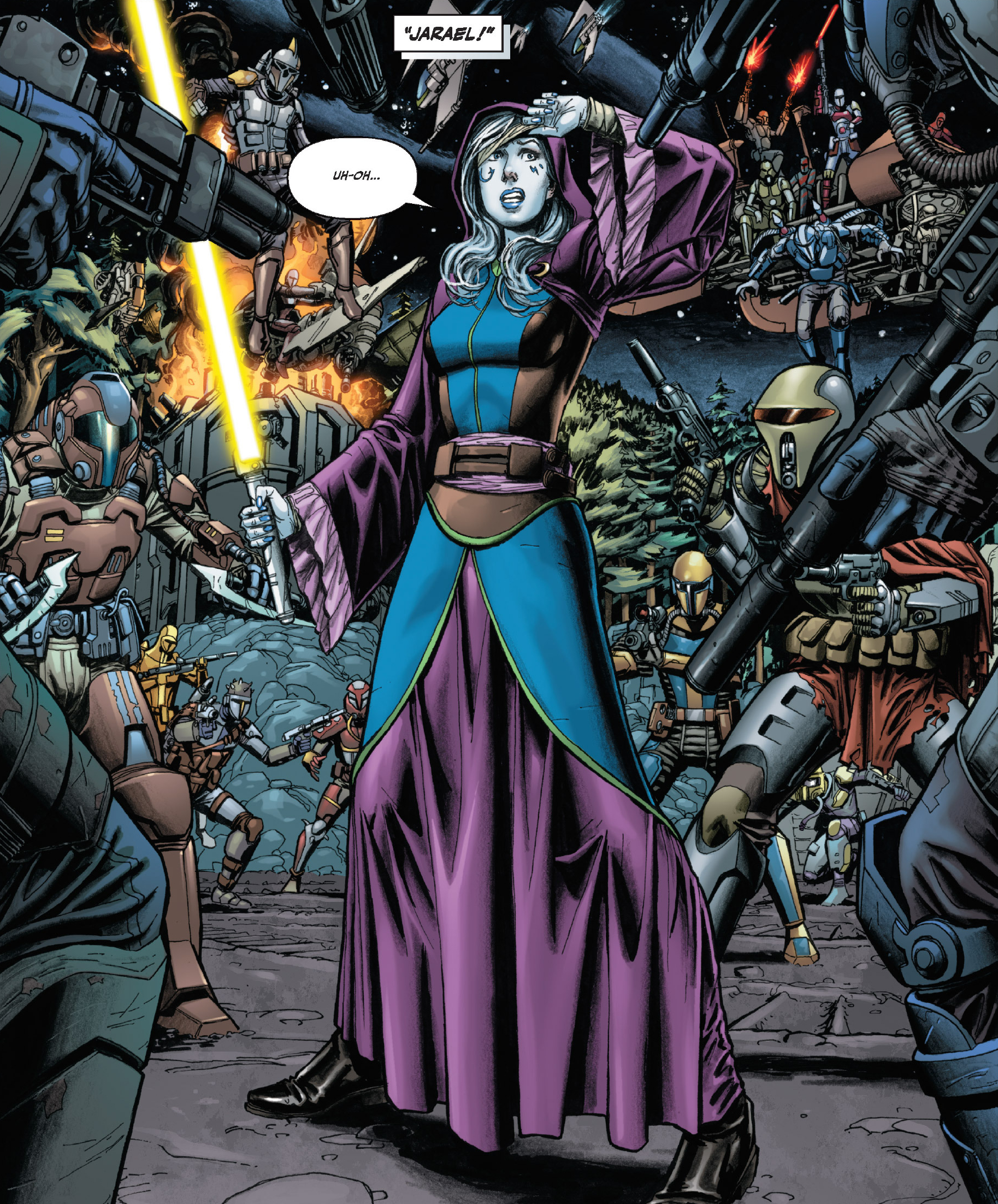 Jarael, disguised as Q'Anilia, is surrounded by Mandalorians.