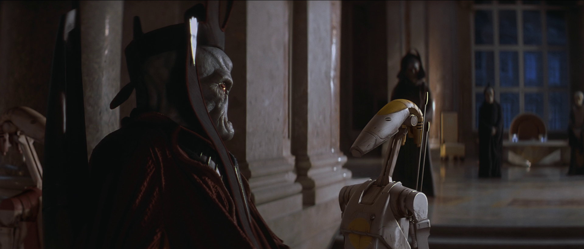 OOM-9 speaking to Viceroy Gunray on his search for the Gungan cities.