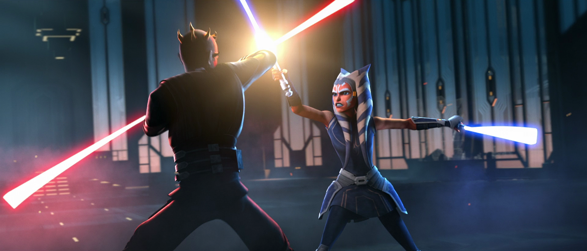 Ahsoka Tano, wielding blue lightsabers, duels Maul in "The Phantom Apprentice."