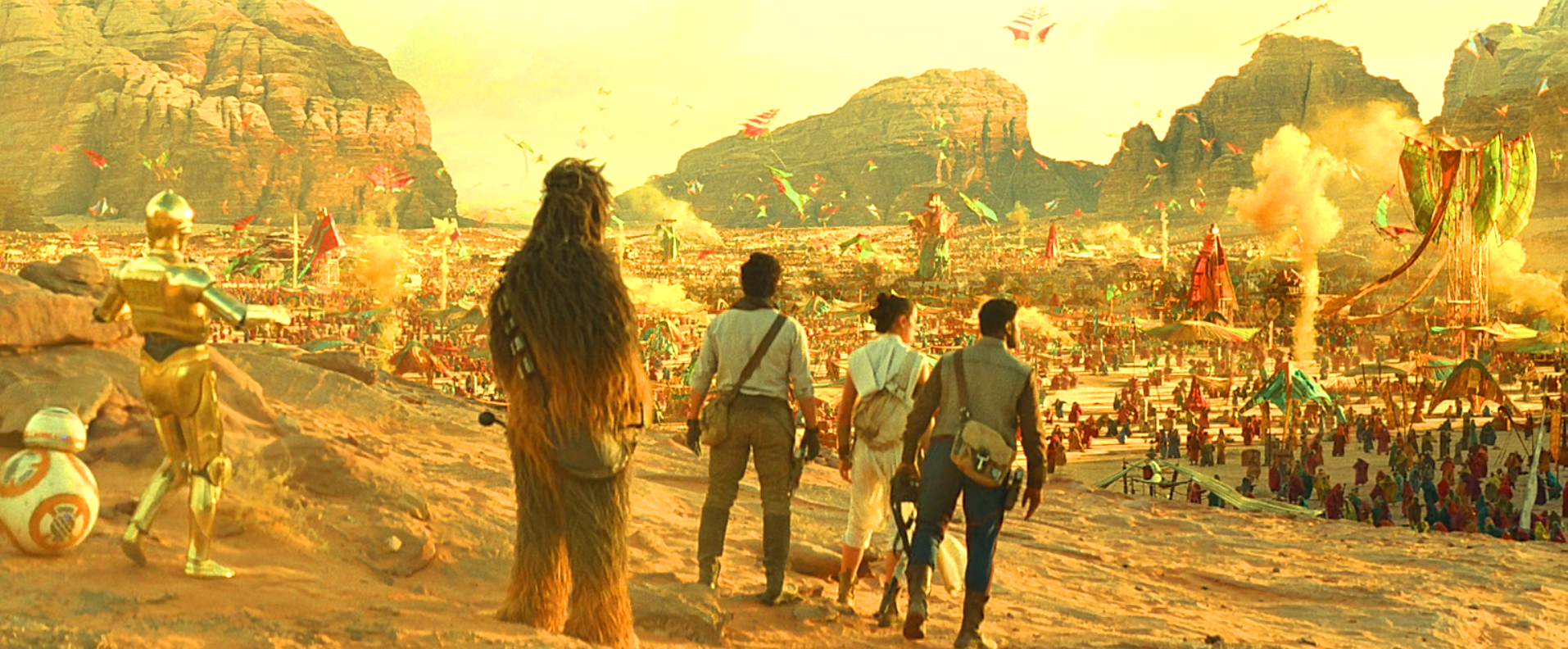 Rey, Poe, Finn, Chewbacca, C-3PO, and BB-8 visited Pasaana searching for clues to find a Wayfinder to Exegol.