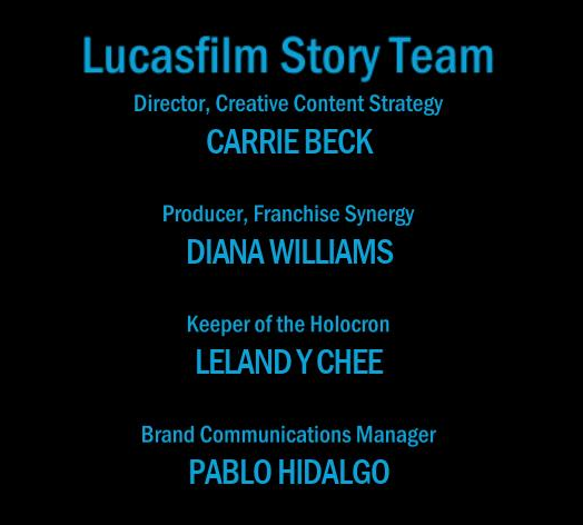 Ending credits from the 2013 Star Wars: The Old Republic: Galactic Starfighter, revealing members of the "Lucasfilm Story Team"