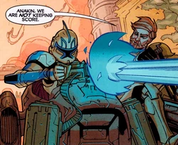 Rex mans a repeating blaster on Obi-Wan Kenobi's BARC speeder in the original comic story.