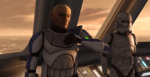 Rex oversees the deployment of Ahsoka Tano, Kit Fisto, and their troops into the Calamari Sea.