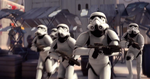 A group of stormtroopers, in pursuit of rebels