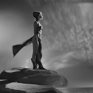 Black-and-white photography of Carrie Fisher in costume, looking away from the camera.