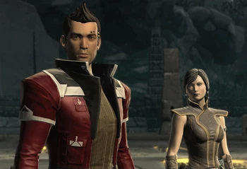 A screenshot from the Shadow of Revan expansion. Theron is in the foreground, frowning. In the background, Satele looks at him.