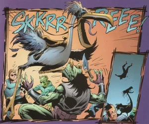 An aryx fighting multiple humanoid attackers and winning