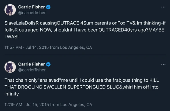 Carrie Fisher reacted via Tweets to the viral news story about a father and the Black Series "Princess Leia (Slave Outfit)" action figure. See reference for exact transcription of text and corrected-for-readability version
