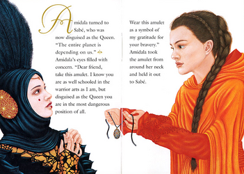 Illustration depicting a girl on the left side, wearing black with just her white-painted face showing, and a light-skinned brunette girl in orange on the right. The girl on the right, Amidala, is giving a necklace to the girl on the left, Sabé.