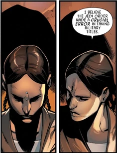 Two panels of Depa Billaba from Kanan: The Last Padawan. Her face in shadow, she says, "I believe the Jedi Order made a crucial error in taking military titles