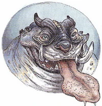 A close-up of a blarth face, showing the teeth and tusks