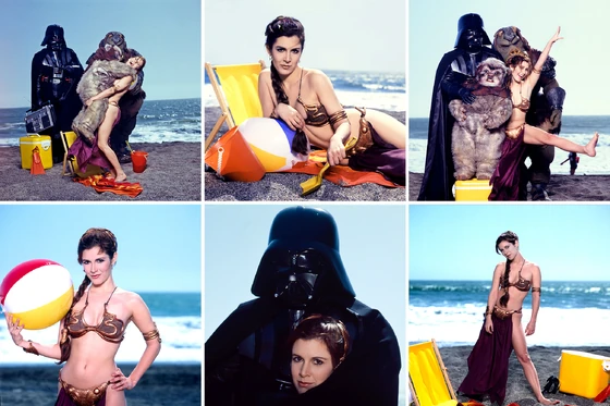 Collage of photographs featuring Carrie Fisher in costume on a beach.
