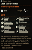 The Statistics of the Dead Man's Cutlass as seen in-game.