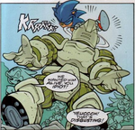 Sonic attacks Chaos' past self.