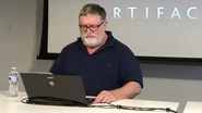 Gabe Newell during a presentation about Artifact