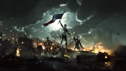 Aegis and other characters among burning debris.