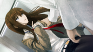 Okabe confronting Kurisu before the lecture.