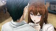 Okabe being held by Kurisu by his coat.