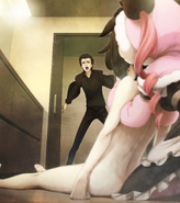 Okabe rushing into Faris' bathroom.