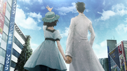 Okabe holding hands with Mayuri in Stardust Sky, her ending.