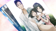 Okabe, Mayuri and Luka smiling in a photo at the end of Link of Corruption and Rebirth, Luka's ending.