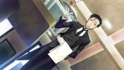 Okabe working part time as a waiter.