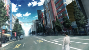 Okabe suddenly finding himself all alone in front of Radio Kaikan.