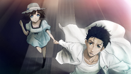 Mayuri and Okabe running.