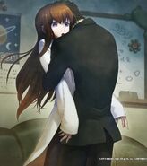 Okabe hugging a surprised Kurisu.