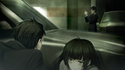Okabe and Maho hiding from the attacker