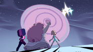 Rose activating her shield to protect Garnet, Pearl, and herself.