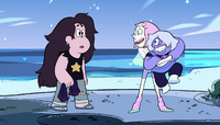 Young Amethyst has to be restrained by Pearl due to her excitement over Greg in "".