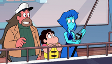 Greg and Steven smile at Lapis as she looks at the fishing pole in her hands nervously.