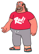 Greg wearing a "Red!" shirt while visiting Korea in "Steven's Dream".