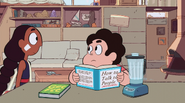 When Steven is reading "How to Talk to People", the table had nothing over it. In the next shot, there is a blender and a book called "Get Fit". The table also changed colors, and Connie's eye and bandage didn't have outlines.