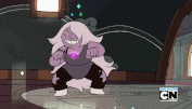 A gif of Pearl and Amethyst dancing very different dances as their gems glow.