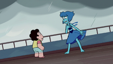 The sky is overcast as Lapis vents, ashamed, to an apprehensive Steven.