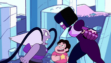 Amethyst, dressed as Pearl, yells at an angry Garnet, while Steven looks on.