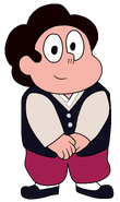 Steven trying on an outfit with a black-and-white waistcoat from "Steven's Dream"