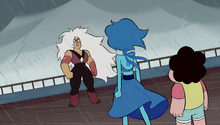 Jasper stares angrily at Lapis and Steven, whose backs are to the viewer.