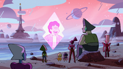 Various unknown Gems gather on the beach to watch Steven's message.