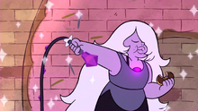 Amethyst, summoning her weapon while eating.