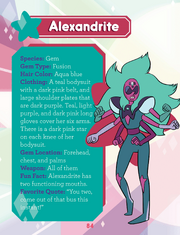 A page lists Alexandrite's species, gem type, hair color, clothing, gem location, weapon, fun fact, and favorite quote on the left, with an image of her debut design on the right.