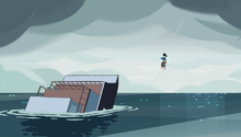 Lapis flies away from the sinking ship with Steven on her back and Greg in her hands.