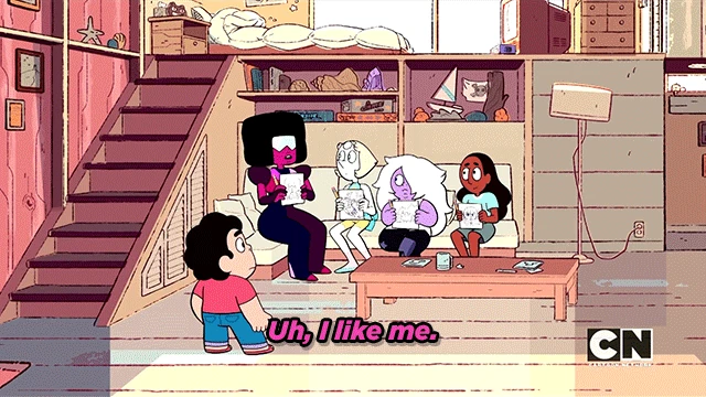 A gif of Garnet sitting with Pearl, Amethyst, and Connie as they all hold up the drawings they sketched. Steven and the others look at Garnet as she says, 'Uh, I like me.'