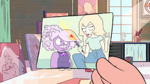 Amethyst smiles as Vidalia does a rock on sign toward the camera. The curling iron has lit Amethyst's half-curled hair on fire.
