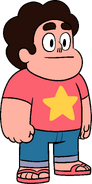 Steven wearing his salmon-pink star shirt, cuffed blue jeans, and salmon-pink flip-flop sandals.